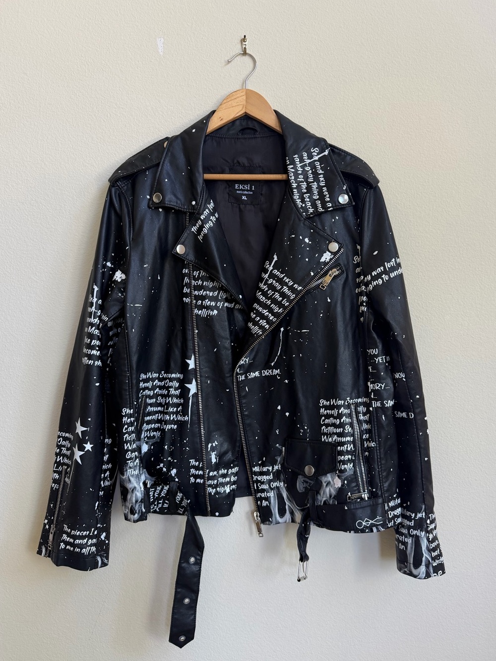 EKSI 1 Men’s Graffiti Faux Leather Moto Jacket Black White Unisex Grunge XL